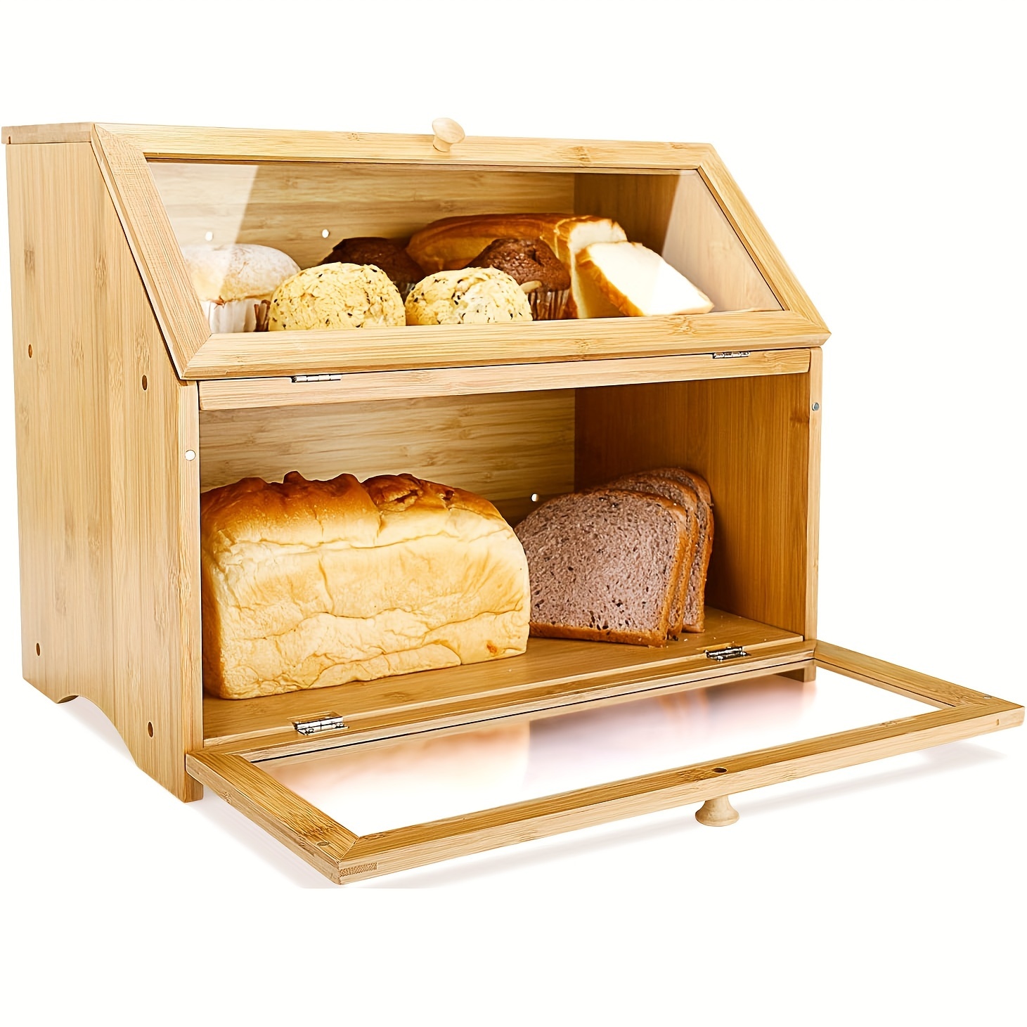 Bread Box Bamboo - Double Layer Large Bread Box for