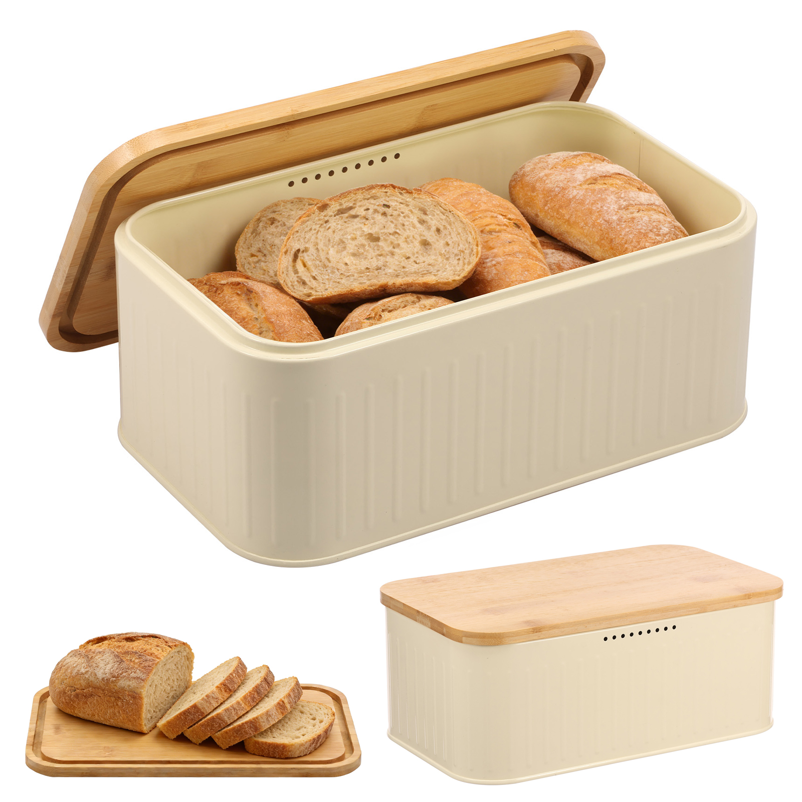 Bread Box Bamboo - Metal Bread Box with Ventilation Holes
